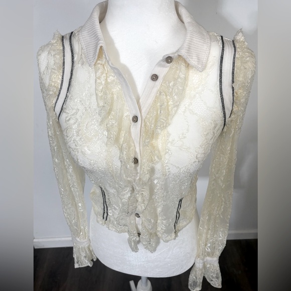 Free People soft stretchy Ivory lace & black button crop top collared blouse XS - Picture 4 of 14